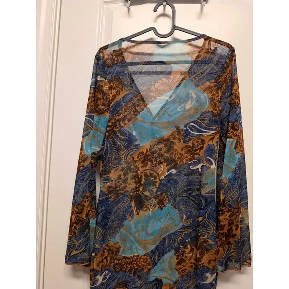 Vintage Blue Brown Paisley Sheer Mesh Tie Front V-Neck Long Sleeve Fairy Boho - Picture 9 of 9